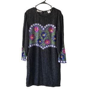 Vintage Night Vogue Silk Floral Sequin & Beaded Embellished Long Sleeve Dress L